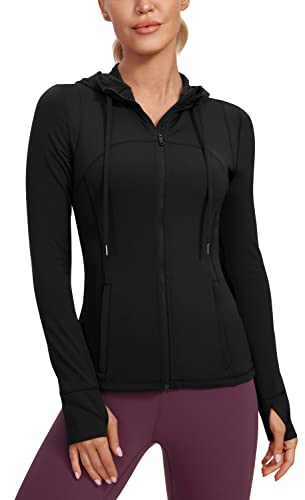 CRZ YOGA Damen Butterluxe Voll Reißverschluss Running Jacke Zip Tasche Sport Gym Hoodie Mesh Hoody Sweatjacke mit Daumenloch Schwarz 44