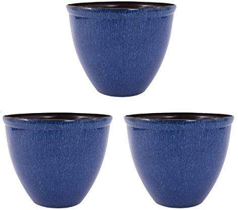 Jinfa 3 Macetas de plástico Brillante Efecto de cerámica esmaltada | Jun Esmalte Azul | Diseño Santorini | Ø 39.5cm H 33.5cm
