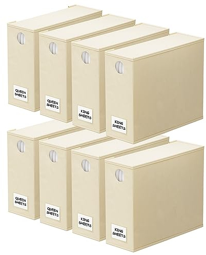 SpaceAid 8 Pack Bed Sheet Organizers and Storage, Foldable Sheet Organizer for Linen Closet, Sheets Set Folder Keeper with Window XL (Queen & King Size) Bedding Container (Beige, 8 Pack)