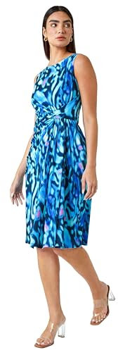 Roman Originals Ruched Waist Dress for Women UK - Ladies Twist Knot Waisted Wrap Stretch Jersey Knee Length Business Smart Work Office Formal Evening Drape - Petite Blue Navy - Size 14