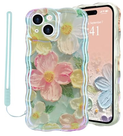 Micoden for iPhone 14 Case Oil Retro Floral Print Curly Wave Silicone Case Aesthetic Fashion Flower Girls Women Phone Case with Strap for iPhone 14 Mint Green
