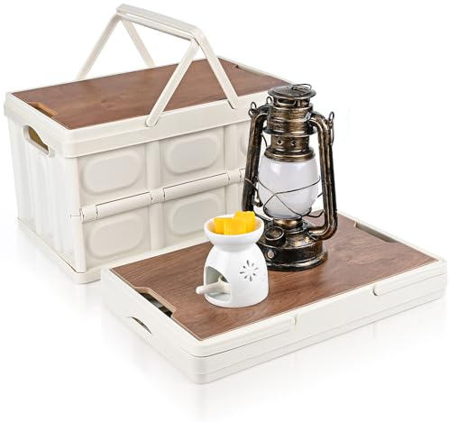 Banaone 2 Pack Faltbare Campingbox Aufbewahrungsboxen mit Handgriff, Aufbewahrungsbehälter mit Holz Deckel 30L, Plastik Lagerkisten als Tischplatte für Outdoor Camping Auto Kofferraum (Beige)
