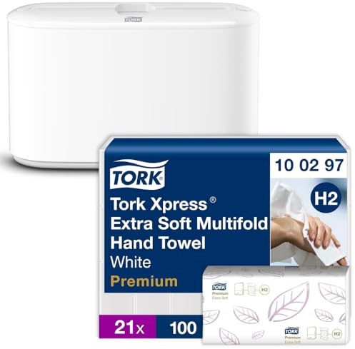 Tork Xpress Multifold Papierhandtücher Weiß H2 Premium 21 × 100 Tücher - 100297 & Tork Xpress Tischspender für Multifold Papierhandtücher Weiß H2 Elevation Design - 552200 | Handtuchspender Bundle