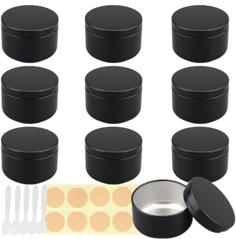 Lusdoly 10 Pièces 50ml Noir Pots en Aluminium Cosmétique Bougie Aluminium Vides Pots de Voyage pour Baume à lèvres avec Mini Spatule et Étiquette