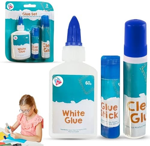 3 Piece Kids Glue Set, 60g White, 30g Clear, 9g Glue Stick, Non-Toxic Washable Craft Glue for School, Paper, Card Making, Scrapbooking, DIY Arts