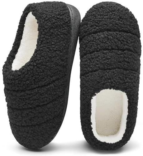 Mishansha Herren Damen Hausschuhe Winter Wärme Memory Foam Pantoffeln rutschfeste Leicht Plüsch Harte Sohle Slippers für Indoor & Outdoor, Onyx Schwarz, 40/41 EU