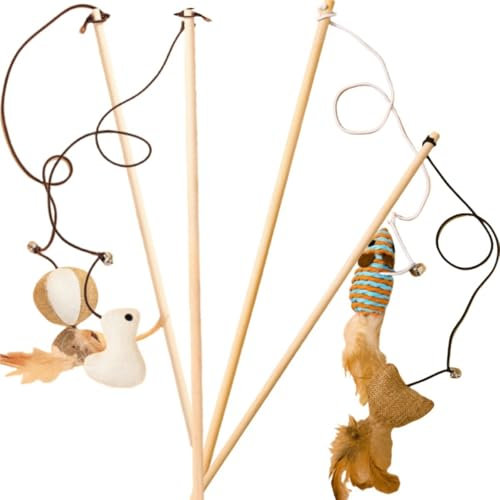 4 PCS Cat Wand Toy,Different Mouse Styles Wooden Cat Teaser Wand,Cat Mice Toy with Feather Tail,Elastic String & Mini Bell,Interactive Cat Toy for Indoor Cats,Wood Rod Cat Stick Feather Toys (Style 2)