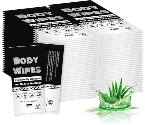 Individually Wrapped Body Wipes Bulk Bath Wipes, Women Men Large Adult Disposable Body Shower Wipes No Rinse-Free Bathing Cloths Wipes for Outdoors After Gym Camping Travel (100, Black, 12 x 10.3 in)