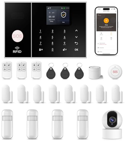PGST Alarme Maison sans Fil, WiFi/GSM Systèmes Sécurité pour la Maison avec APP, 22-Pièces Kit Alarme avec 120DB Sirène avec Camera – pour Camping-Car, Garage, Bureau, Compatible avec Alexa