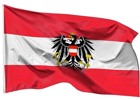 PHENO FLAGS Bandiera Austria 90x150cm – austriaca con l'aquila federale – resistente alle intemperie - con occhielli in ottone - 100% poliestere - cuciture doppie robuste e colori vivaci