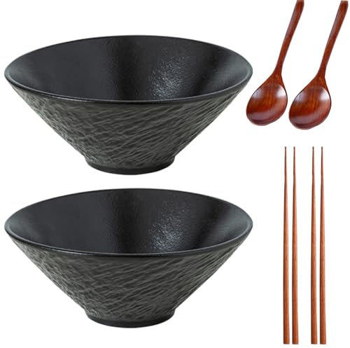 2 * 1600ML Ramen Schüssel Set,Schüssel Keramik,Ramen Bowl(Ramen Set Mit Ramenlöffel,Essstäbchen),Suppenschalen Set für Nudelschüssel,Snack,Salatschüssel,Große Schüssel(Schwarz)