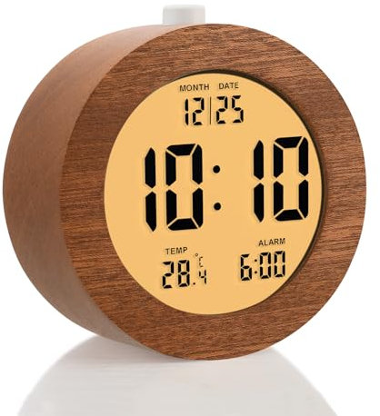 Plumeet Holz Digitalwecker, 10cm Batteriebetriebener Wecker mit Schlummer und Nachtlicht, Elektronische LCD Tischuhr mit Zeit, Datums, Temperatur, 12/24 Stunden-Anzeige, Holzdekor, Rund, Sapeli