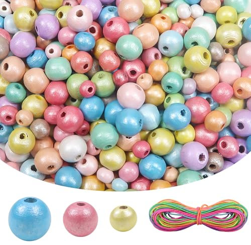 TOAOB 1000 Pièces Perles en Bois Bleu Rose Clair Rondes en Naturel en Vrac 6mm 8mm 10mm avec 5m Ligne D'étirement de Couleur pour Fabrication de Bijoux Bracelets DIY Décoration Artisanat Accessoire