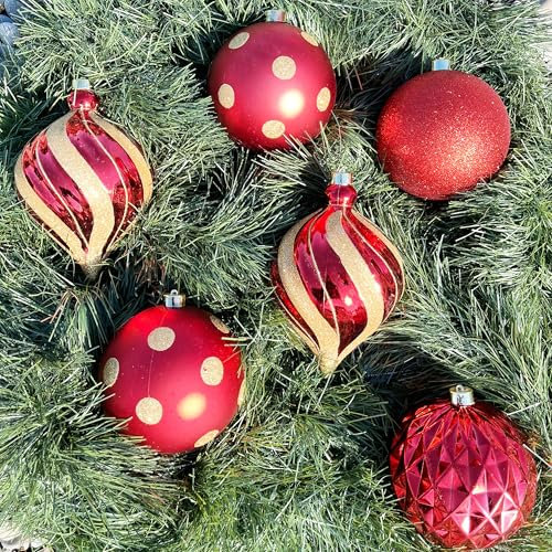 Weihnachtskugeln aus Kunststoff zum Hängen für den Außenbereich - Frost und Wetterfest - Outdoor Weihnachtkugeln - Christbaumkugeln für draußen (6 x Ø 15 cm (Vintage-Weihnachtsrot))