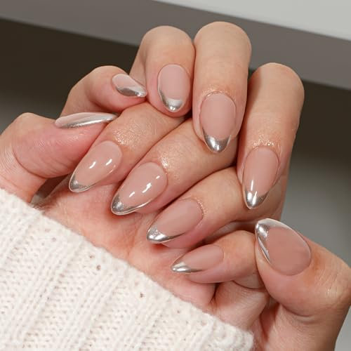 KQueenest French Tip False Nails with Glue, Chrome Sliver Press on Nails Short Almond, Glitter Sparkly Fake Nails Press ons Stiletto, Reusable Soft Gel Stick on Nail for Women, 30 Pcs