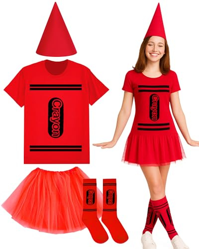 Coume Halloween-Kostüm-Set, Wachsmalstift, T-Shirt, Tutu, Hut, Socke, Halloween, Gruppen-Team, lustiges Shirt, Tutu für Damen, Cosplay, Rot/Ausflug, einfarbig (Getaway Solids), XXX-Large