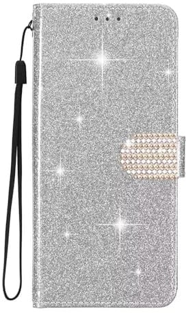 SEHEYA for iPhone 11 Pro Max Glitter Wallet Case Premium PU Leather TPU Shiny Sparkly Flip Cover with Card Holder Rhinestone Design Magnetic Closure Bling Buckle Purse, Silver