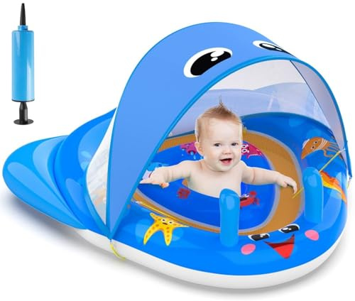 KAHEIGN Bouée de Piscine pour Bébé avec Auvent, 120CM x 105CM Bouée Gonflable pour Bébé Protection Solaire UPF50+ avec Siège de Sécurité Réglable pour Nouveau-Nés Enfants Tout-Petits Âge 3 à 36 Mois