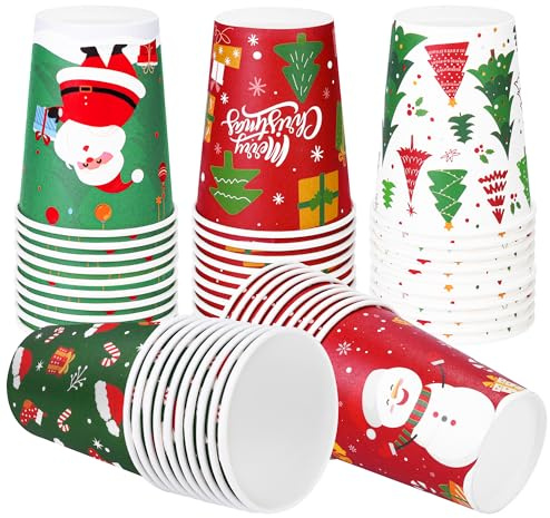 Fovths 50 Stück Weihnachts-Pappbecher 9oz, Glühwein Einweg-Pappbecher, 5 Designs, Weihnachts-Partybecher für Heißgetränke drinnen Punschbecher Partyzubehör Tischdekoration