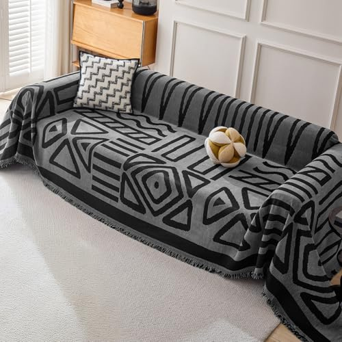 Royhom Sofa Überzug Boho, Sofabezug L Form, Boho Schwarz/Grau, 180x300cm | Couch Überzug Ecksofa, Sofaüberwurf, Couch Überwurf mit Deko Quasten, Sofa Überwurf
