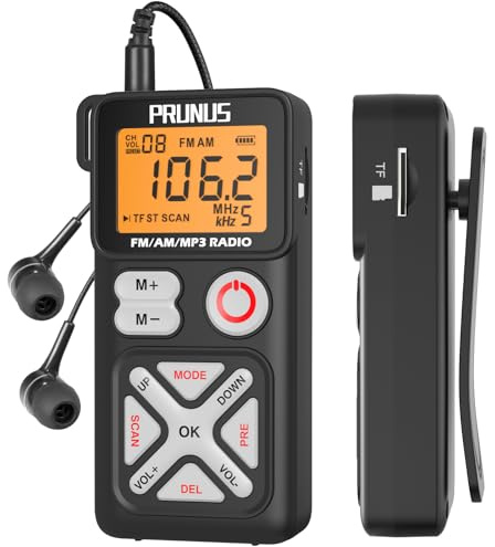 PRUNUS J-988 Mini Radio Portatile AM/FM, Radiolina Ricaricabile | con Display LCD, Cuffie e Clip, Radio Tascabile con Supporto TF per Pesca, Corsa e Camminate.