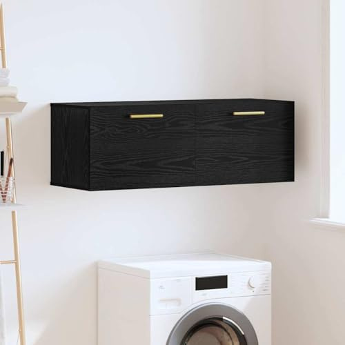 XHNIFBN Wandspind Schwarz Eiche 100x36,5x35 cm, robuster Holzwerkstoff Aufbewahrungsschrank mit Gold-Griffen, platzsparender Vorratsschrank für Wohnzimmer Flur Schlafzimmer