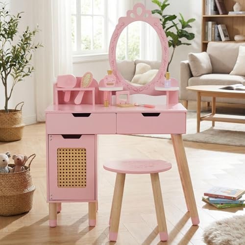 WOODENFUN rosa Retro Holz Schminktisch m. Hocker Make-up-Set für Mädchen ab 3J