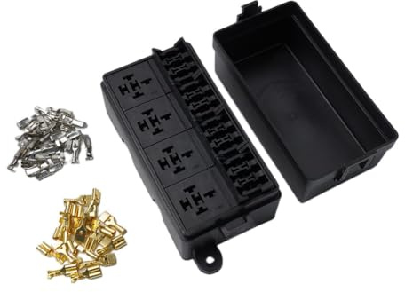 12-Way Blade Fuse Box with 4 Relay Holders, Spade Terminals & Snap-Lock Cover for Automotive, Marine, RV, ATV and Trailer Applications – 32V, 30A(Without Fuse)