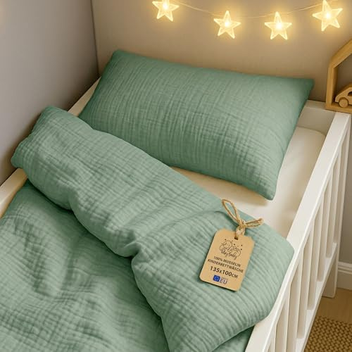 Baby Musselin-Bettwäsche 100 x 135 cm Kinderbettwäsche - Musselin Bettbezug & Kissenbezug 40x60 mit Reißverschluss – Babybettwäsche Junge Mädchen Kleinkind Oeko-Tex Salbeifarbe