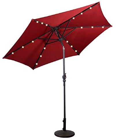 COSTWAY Sonnenschirm 270 cm mit LED-Solar-Beleuchtung, Gartenschirm mit Kurbel, beidseitig um 30° knickbar, Terrassenschirm mit 6 Rippen, Marktschirm für Garten, Balkon, Terrasse, Rot