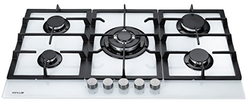 Millar - GH9051TW - Piano cottura in vetro temprato con 5 fornelli a gas, bianco, 90 cm