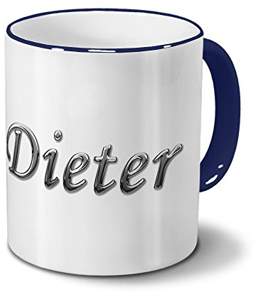 printplanet Tasse mit Namen Dieter - Motiv Chrom-Schriftzug - Namenstasse, Kaffeebecher, Mug, Becher, Kaffeetasse - Farbe Blau