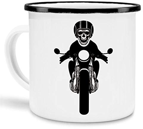 Tassendruck Emaille-Tasse mit Totenkopf Motorrad - Biker/Rock/Skull/Geschenk/Emaille klein schwarzer Rand