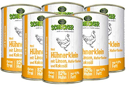 Schecker Nassfutter für den Hund - Hundemenü Hühnerklein mit Linsen und Kokosöl - 6 x 410 g - mit 82% Huhn - Diätfutter - nur 4,9% Fett