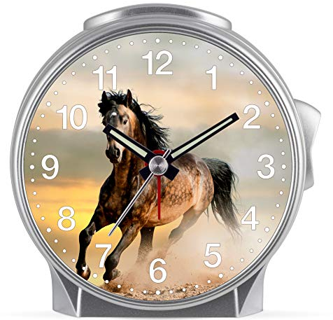 Eurotime Kinder Wecker für Mädchen mit Pferde-Motiv, Kunststoffgehäuse und Kunststoffglas, geräuscharmer Wecker, kein Ticken, mit Licht und Weckwiederholung, 29624-07