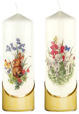 Meissner-Handel Auswahl * 2 Stück Osterkerze Stumpenkerze Osterdeko * 6 x 18 cm * mit farbigen Wachs- und Bildauflagen * Auswahl Motiv + Farbe * gelb * (Serie 3 - Set 08/10)