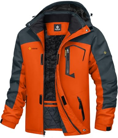 GEMYSE Veste de Ski pour Homme Impermeable Coupe-vent Manteau d'hiver Chaud avec Capuche Blouson Randonnée pour Montagne(Orange Gris,XL)