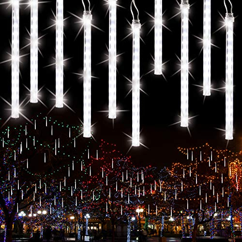 Meteorschauer Regen Lichter, BrizLabs 240 LED Außen Eiszapfen Regenlichter Fallende Weihnachtsbeleuchtung Wasserdicht für Xmas Baum Party Garten Hochzeit Urlaub Dekoration, 30cm 10 Tubes, Kaltes Weiß
