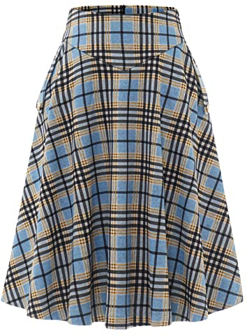 Bbonlinedress Jupe Longue Femme Elégante à Carreaux en Tartan Plaid Style Vintage A-Ligne Taille Haute au Moellet avec Poches Swing évasée Black Yellow Plaid 2XL