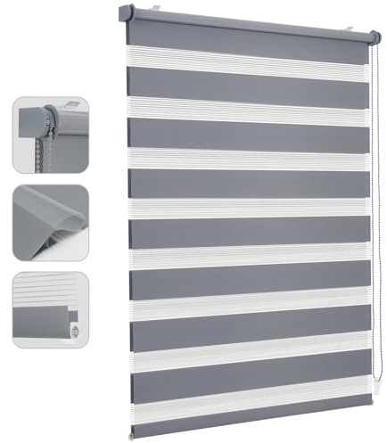 Sekey Doppelrollo Klemmfix ohne Bohren für Fenster, Doppelrollo 130 cm breit, Duo Rollo Jalousie Sonnenschutz, 130x150cm, Grau