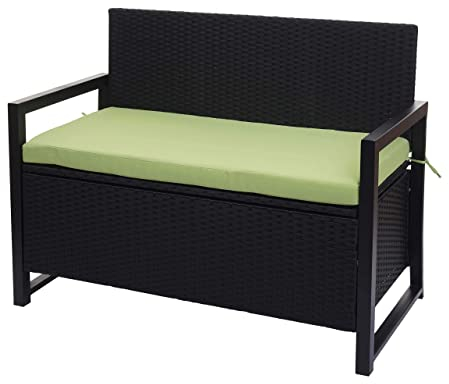 Mendler Poly-Rattan 2er Sitzbank HWC-F39, Gartenbank Truhenbank, Staufach Aufbewahrung Sitzkissen - anthrazit, Kissen grün