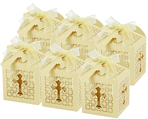 LEMESO 50 cajas de regalo amarillas para bomboneras de comunión, cajitas para confites, para señalar el lugar, bautizo, bodas, novios, caramelos religiosos