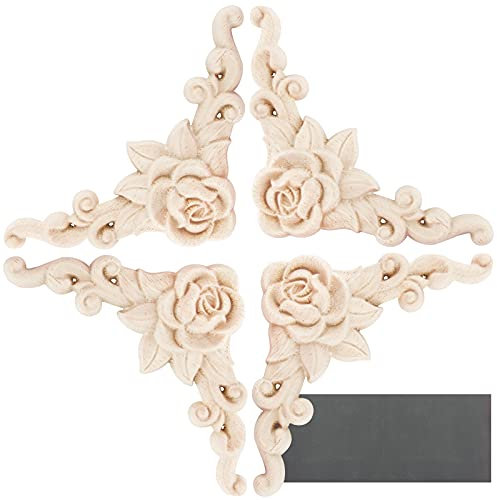Holzornamente für Möbel 4 Stücke Holzornamente Ecke Holzschnitzerei Applique Ornament Holz Möbel Wanddeko Holz Rose Schnitzerei Möbel Schrank Wand Dekor zum Basteln (4pcs 8x8cm)