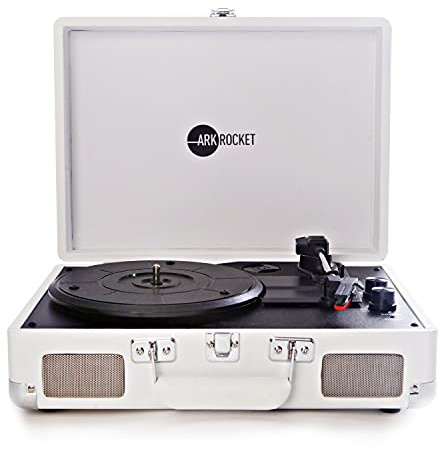 Arkrocket Curiosity Bluetooth Turntable Retro Suitcase 3-Speed Record Player with Built-in Speakers (White)
