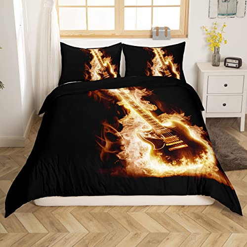 Homewish Gitarre Bettbezug Sets 220x240 Jungen Mädchen E Gitarre Bettwäsche Set Rockmusik Thema Tröster/Bettbezug Dekorative 3 Stücke Bettwäsche Kollektion mit 2 Kissenbezüge für Zuhause Schlafzimmer