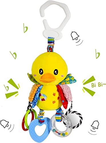 Funsland Baby Kinderwagen Spielzeug, Hängespielzeug mit Glocke, Clip auf Babyschale Spielzeug für Mädchen und Jungen, Plüsch Tier Activity Spielzeug Geschenk für Neugeborene 0,3,6,12 Monate (Ente