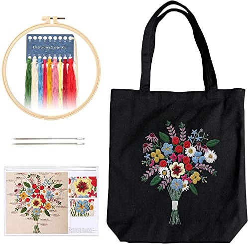 Namvo Stickset für Leinen-Tragetaschen, Stickset für Anfänger mit Muster und Anleitung, inklusive Sticktasche mit Blumenmuster, Stickrahmen, bunten Fäden und Werkzeugen für DIY-Kunst, Handwerk