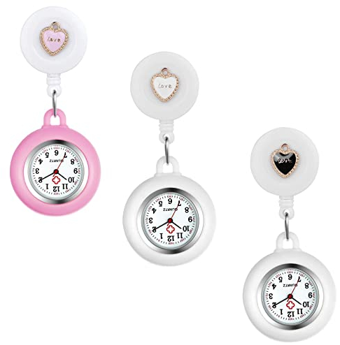 Avaner Krankenschwesternuhr Blumen Herz Design Pflegeruhr FOB Analog Quarzwerk pulsuhr Ansteckuhr Unisex Silver schwesternuhren mit Pin/Clip Set ausziehbar Arzt Doktor Medical Taschenuhr
