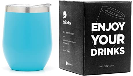 balibetov Vaso Termo para Vino con Tapa (355ml) - Vaso Termo de Vino para Llevar - Taza Termica para Llevar Café, Té, Vino, Cerveza y mas - para Frio y Calor (Aqua)