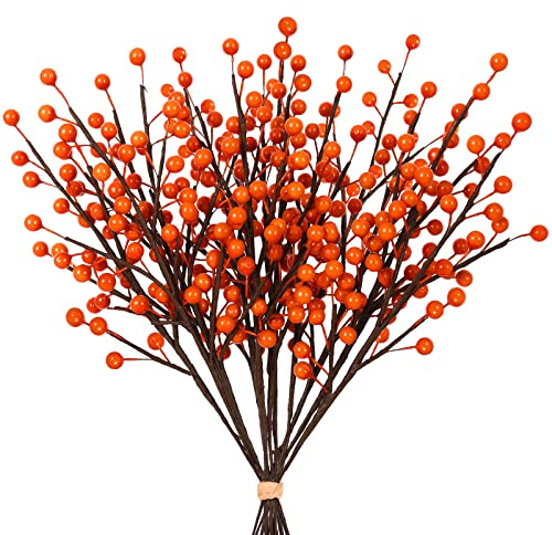 Whaline 12 Pack Fall Berry Stems Autumn Artificial Orange Glossy Berry Twigs Faux Xmas Berry Picks for Thanksgiving Christmas Tree Ornaments Crafts Holiday Home Festival Christmas Decoration